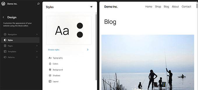 A global Styles panel in the Editor sidebar Editor 侧边栏中的全局 Styles (样式) 面板